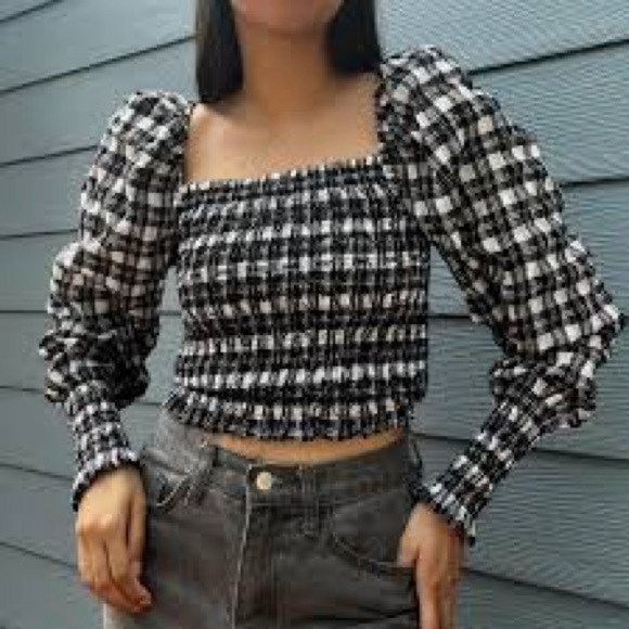 H&M Smocked Blouse Gingham Long Sleeve Crop Top - Picture 3 of 15